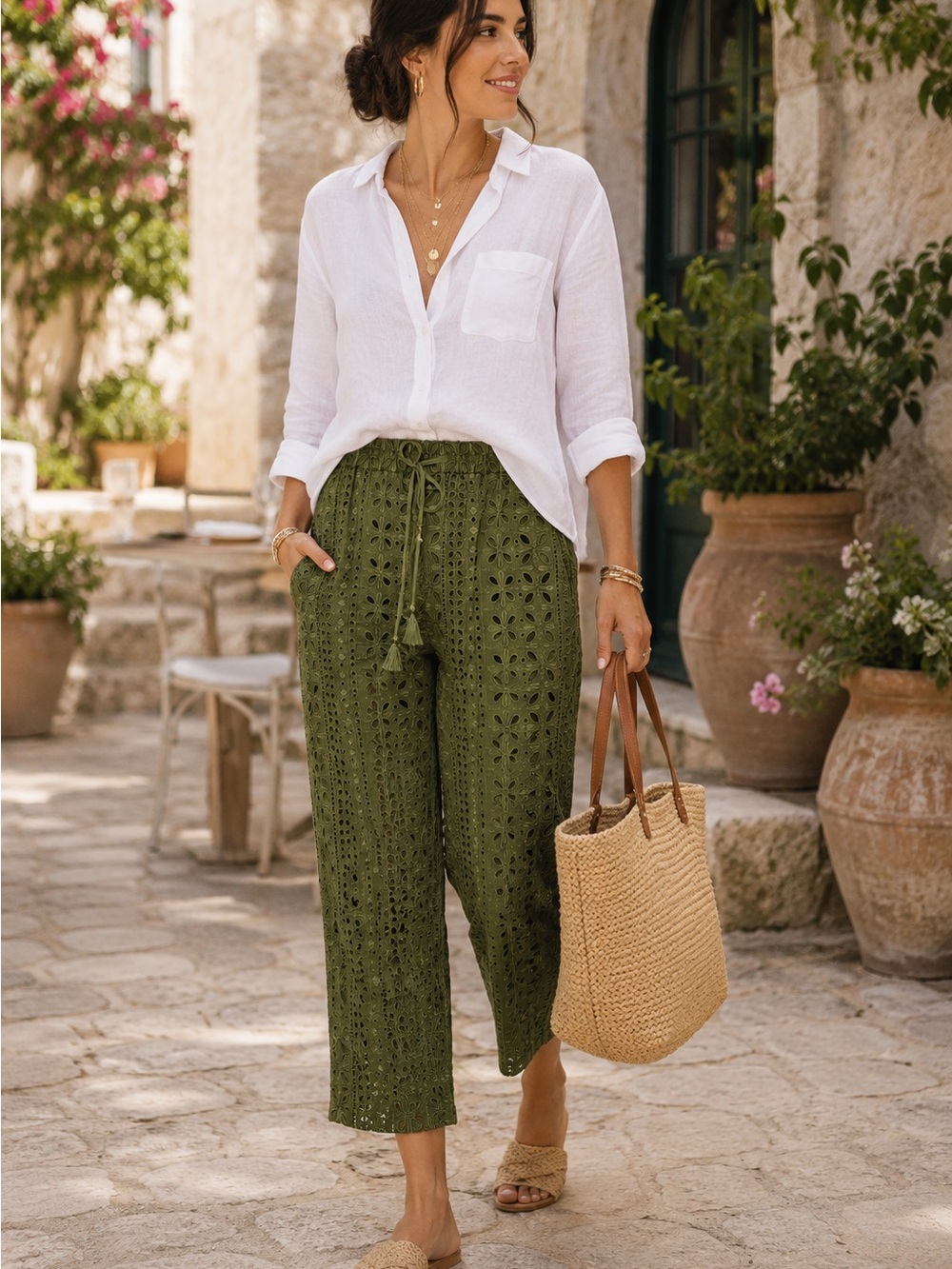 J.Crew Olive Green Eyelet Embroidered Crop Pants | Boho Resort Pull-On Cropped